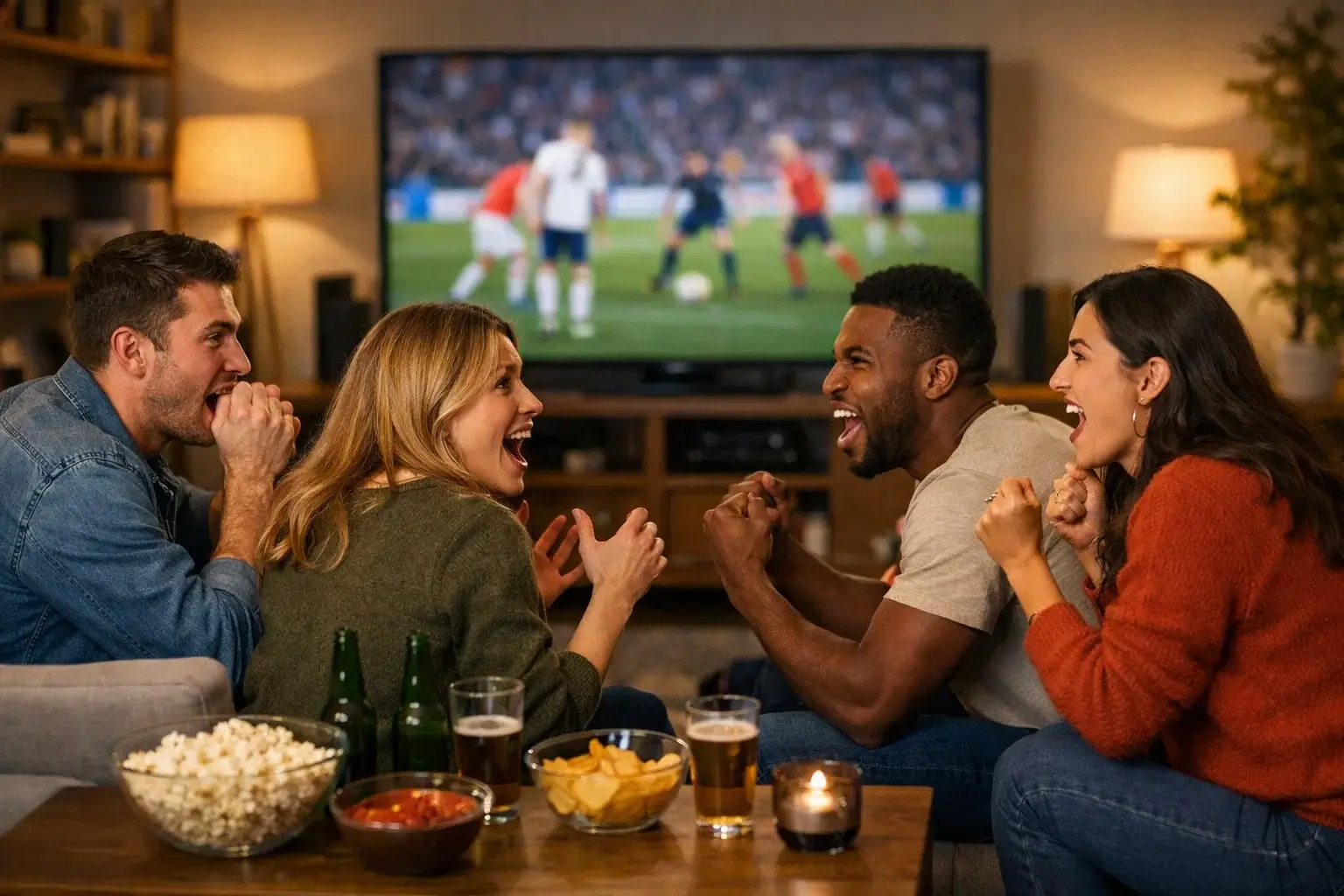 Grupo de aficionados viendo un partido de fútbol en vivo con expresiones de emoción