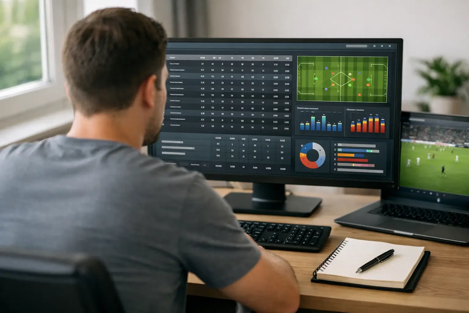 Persona analizando estadísticas de partidos de fútbol en una pantalla con datos y tablas