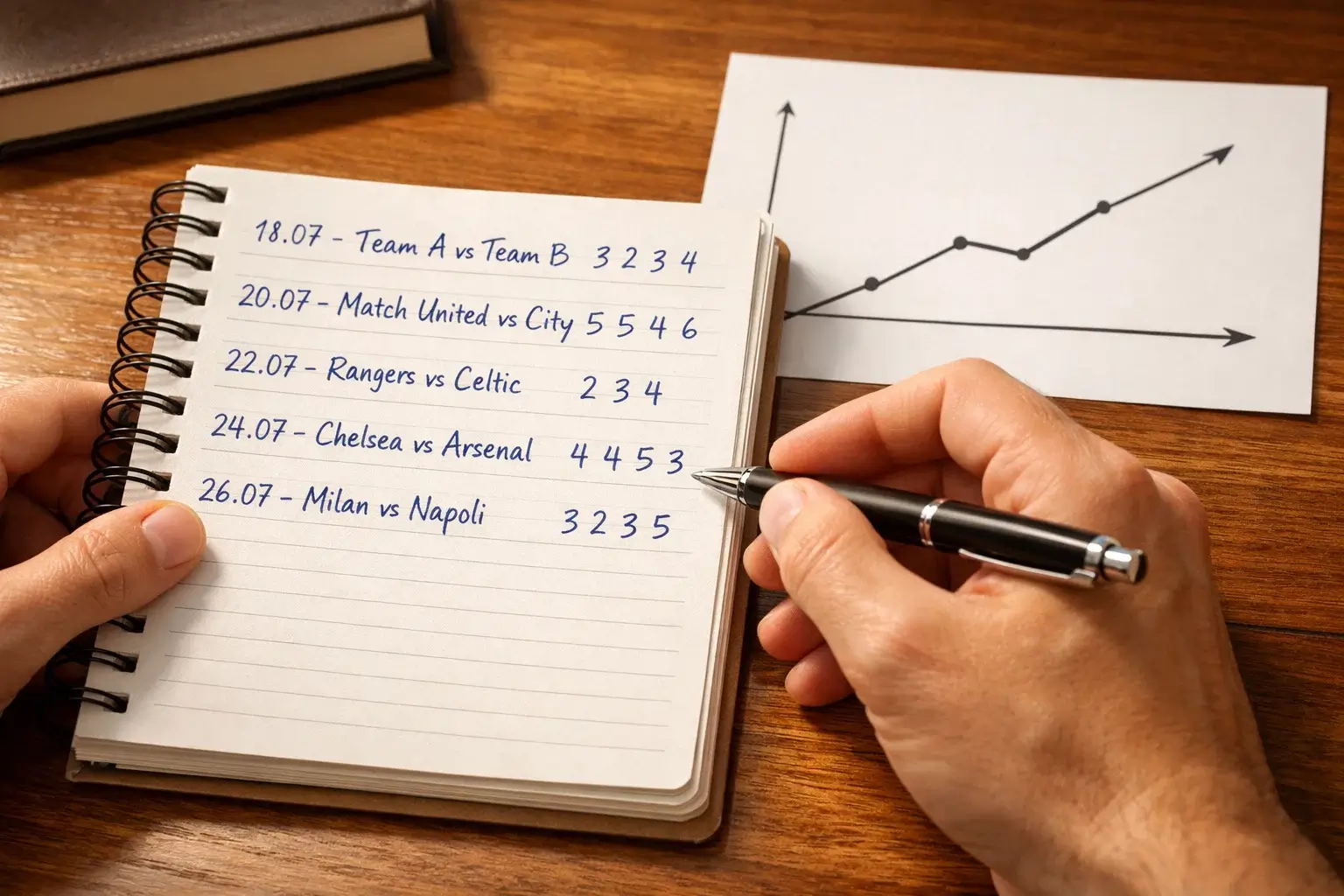 Persona escribiendo en un cuaderno junto a documentos con análisis de rendimiento deportivo