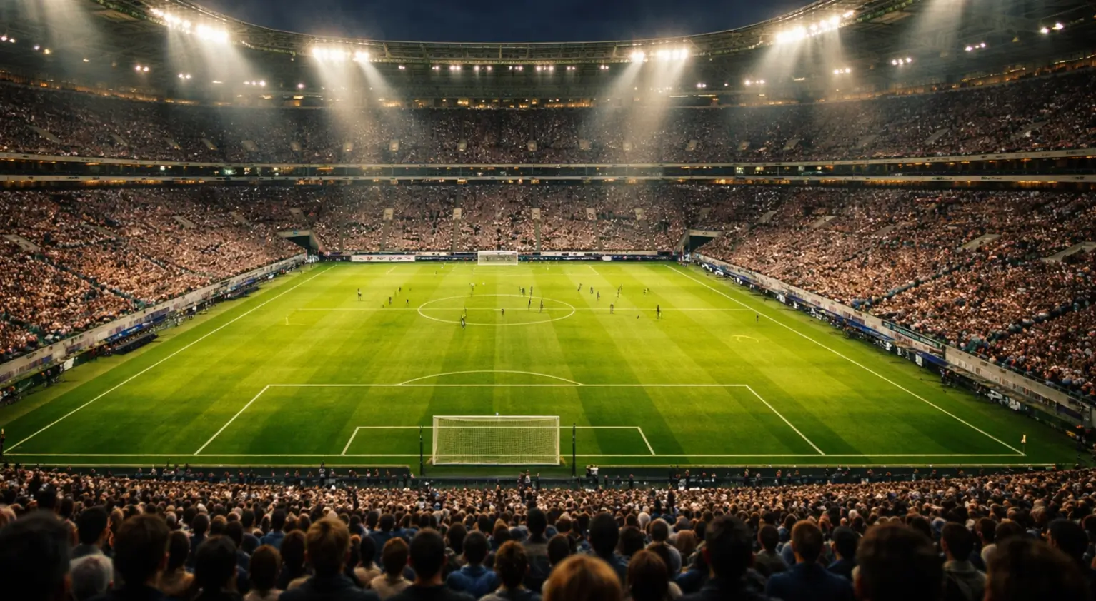 Estadio de fútbol iluminado por focos durante un partido nocturno con aficionados en las gradas