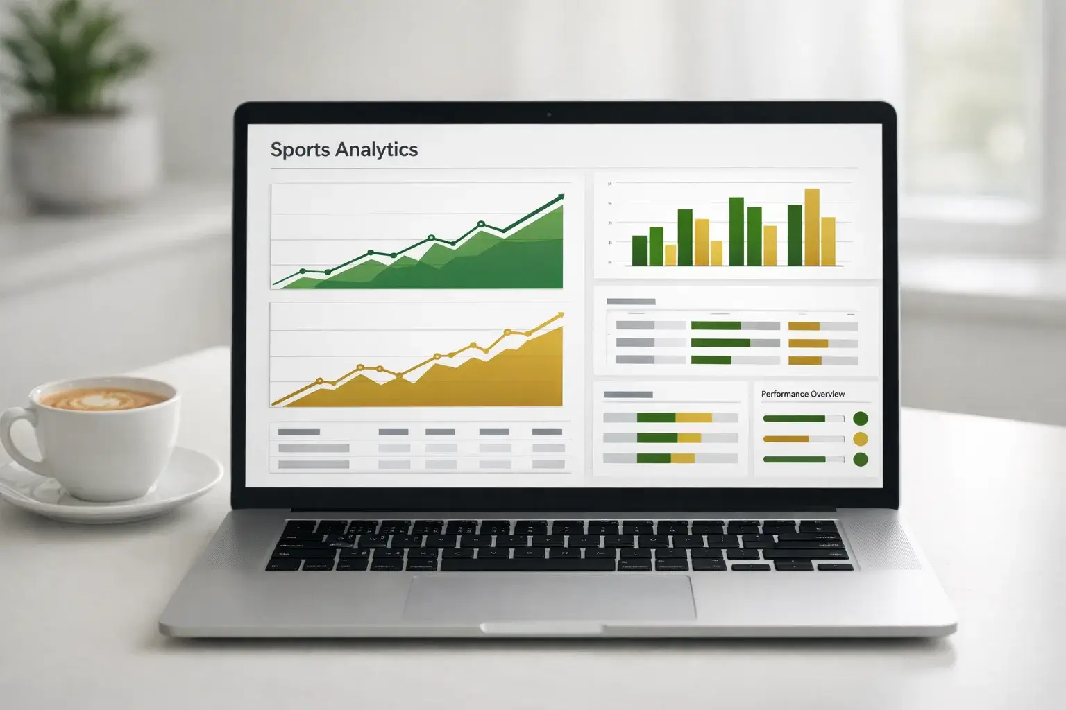 Portátil mostrando gráficos de análisis deportivo con líneas de tendencia y datos de equipos