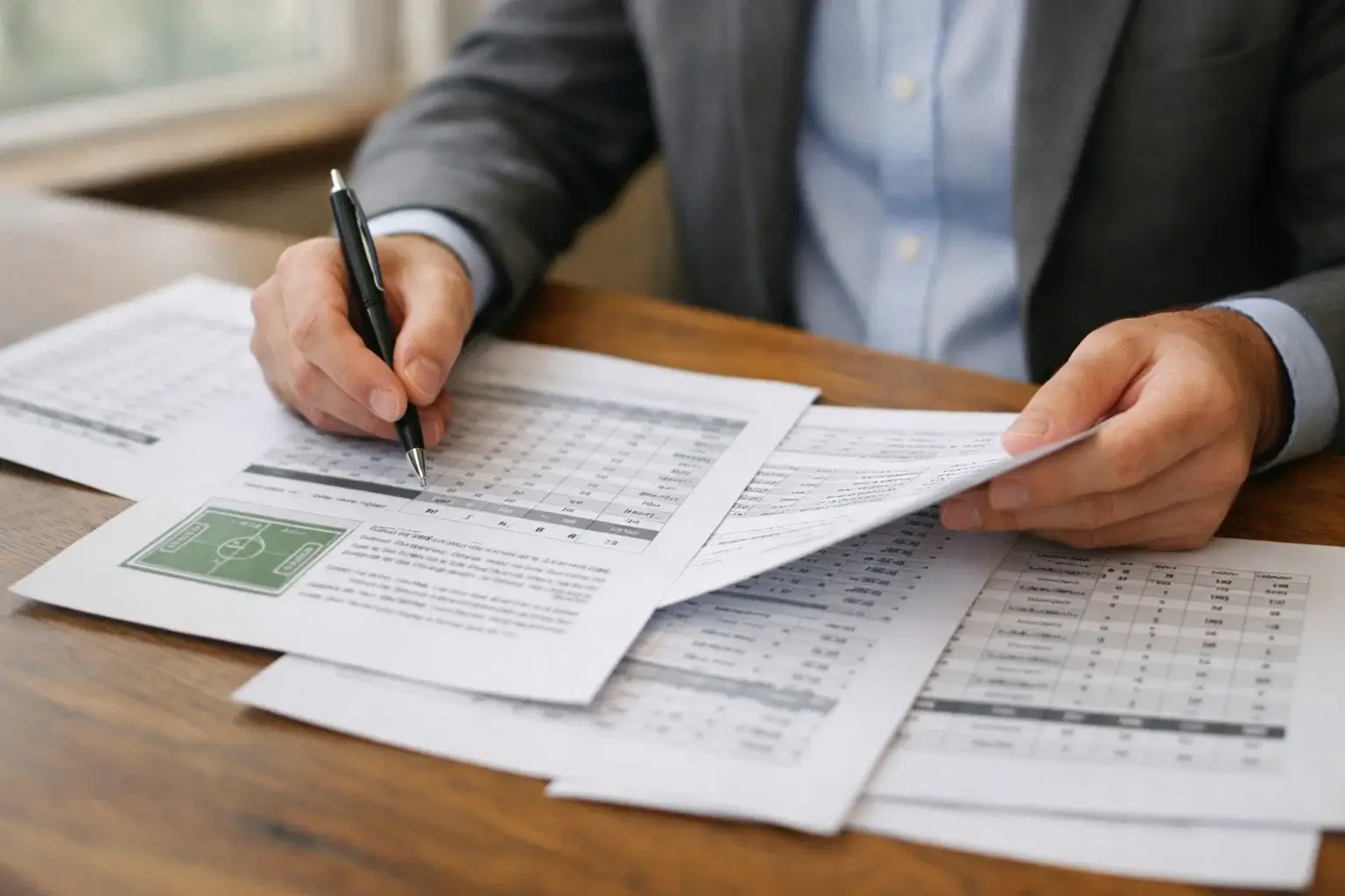 Analista deportivo revisando documentos con estadísticas de partidos de fútbol