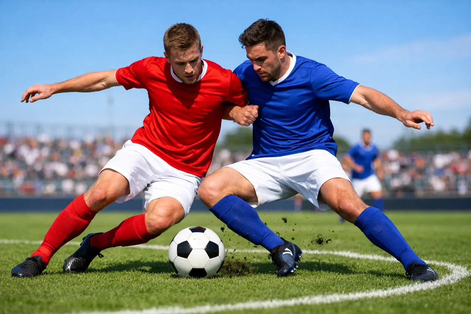 Dos equipos de fútbol disputando el balón en el centro del campo