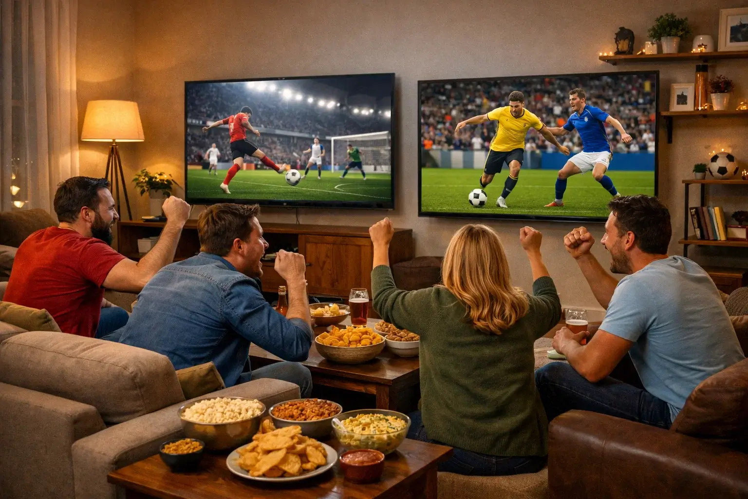 Grupo de amigos viendo varios partidos de fútbol juntos en pantallas