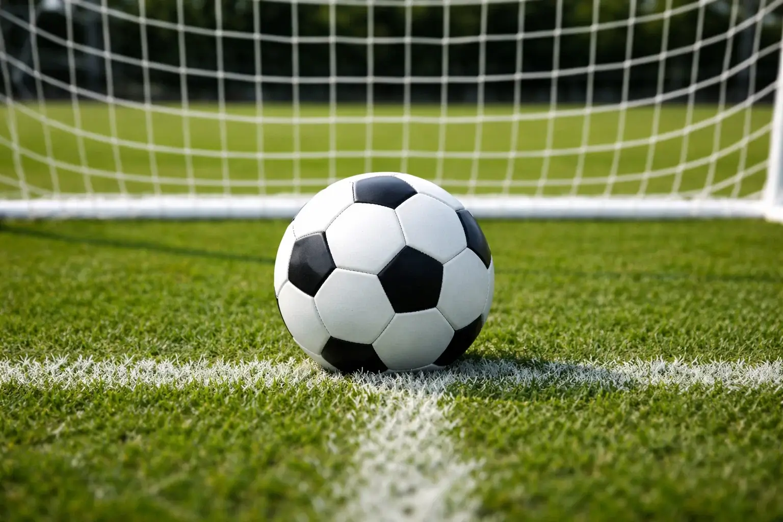 Balón de fútbol entrando en la portería durante un gol en campo de césped