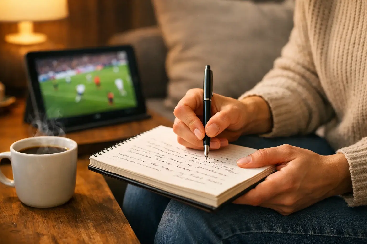Persona escribiendo notas de análisis junto a una tablet mostrando un partido