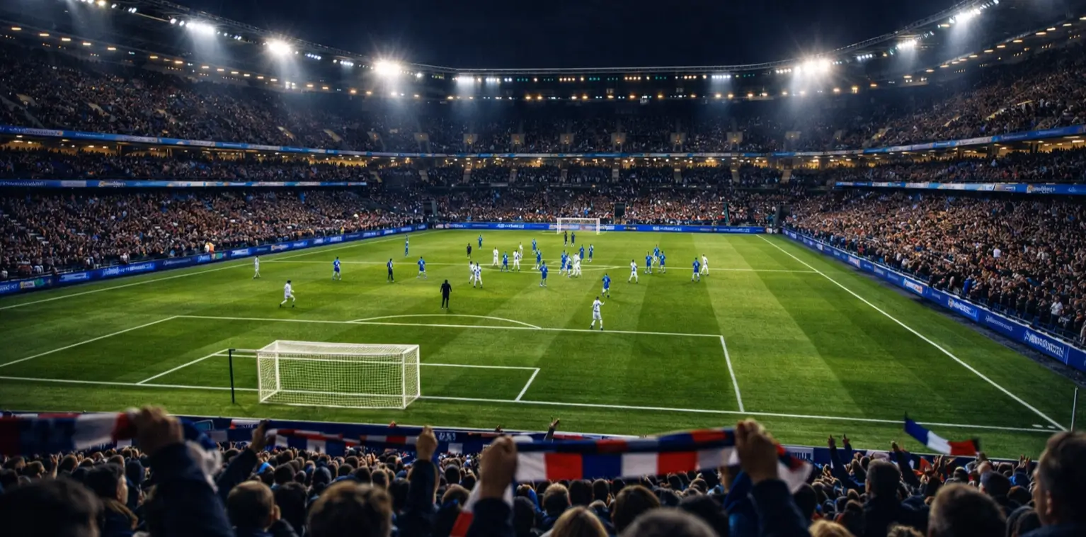 Estadio de fútbol iluminado durante un partido nocturno con aficionados en las gradas