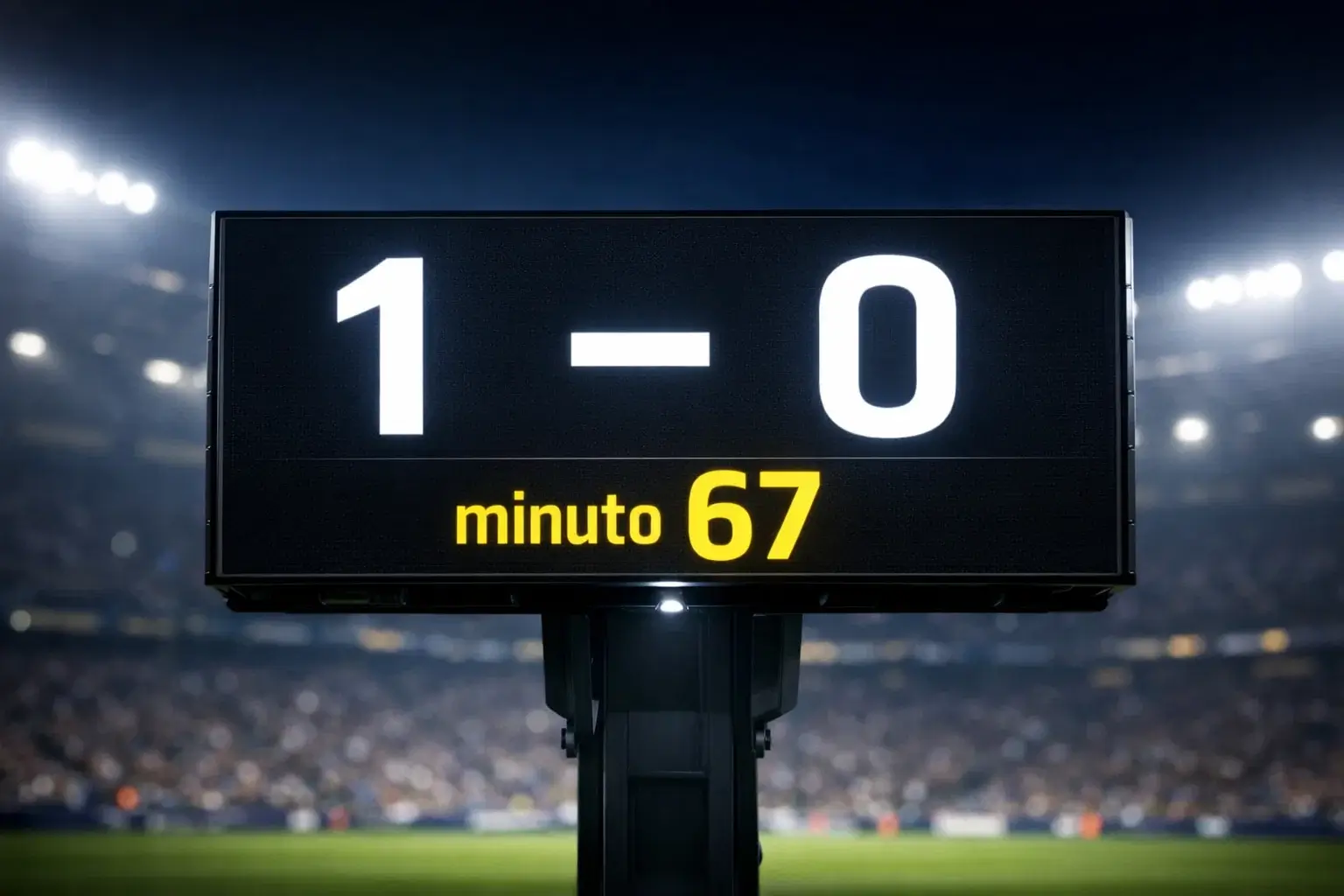 Pantalla mostrando marcador de partido de fútbol con el tiempo corriendo