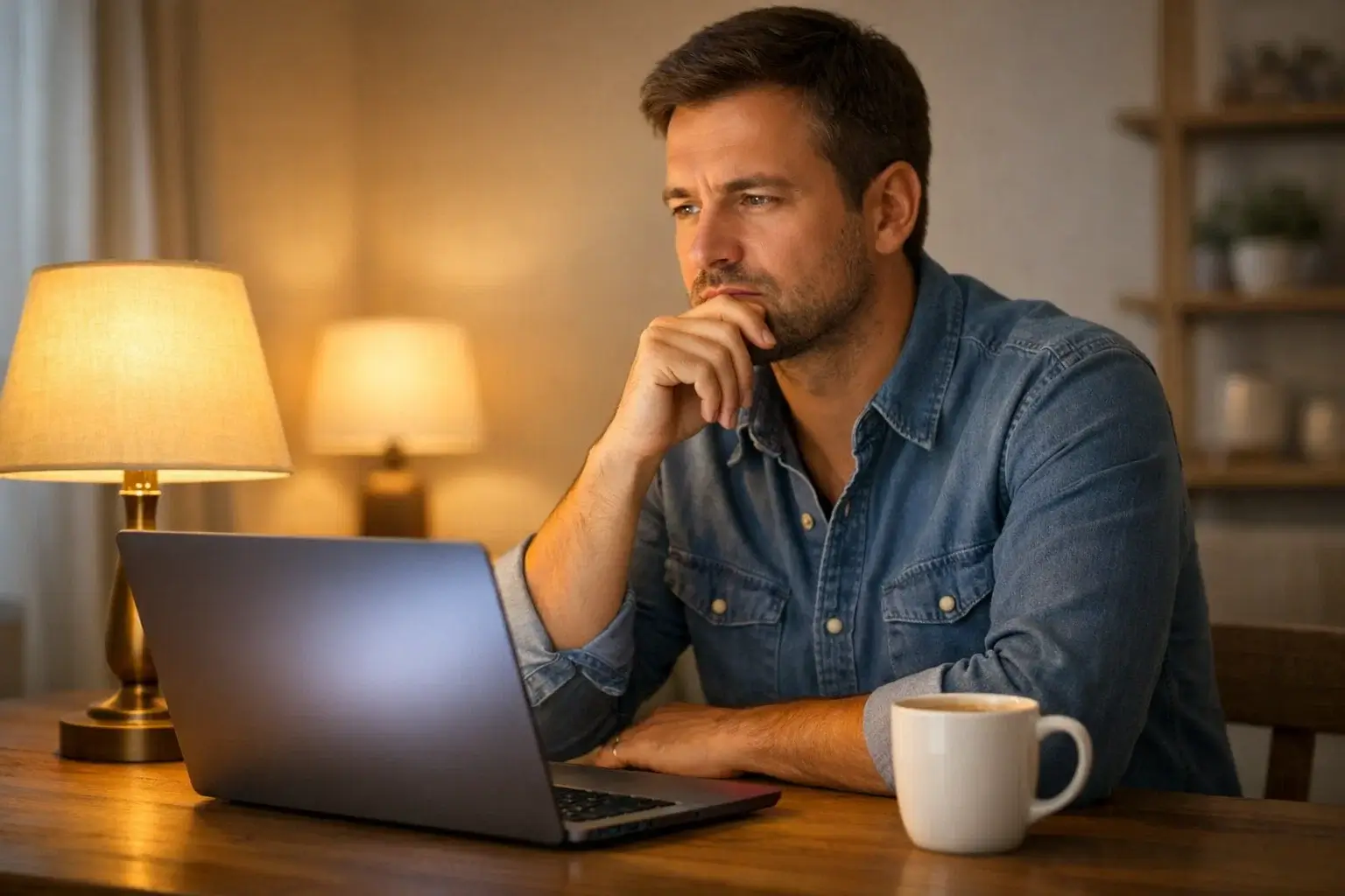 Persona pensativa frente a su portátil analizando datos de fútbol