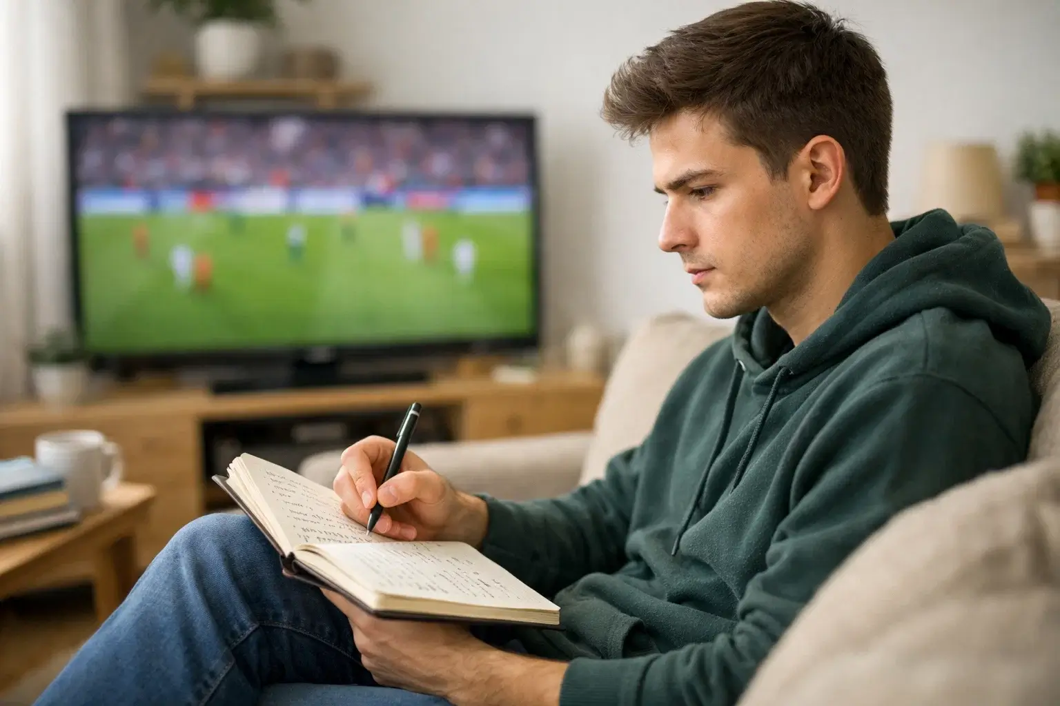 Joven aprendiendo sobre fútbol viendo un partido con libreta de notas