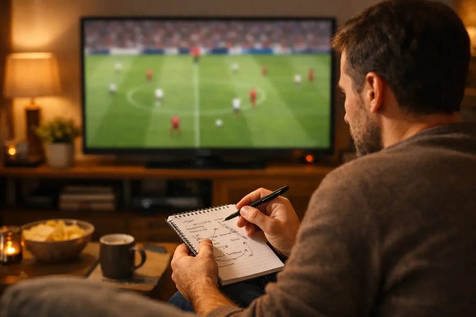 Persona tomando notas mientras observa un partido de fútbol en televisión
