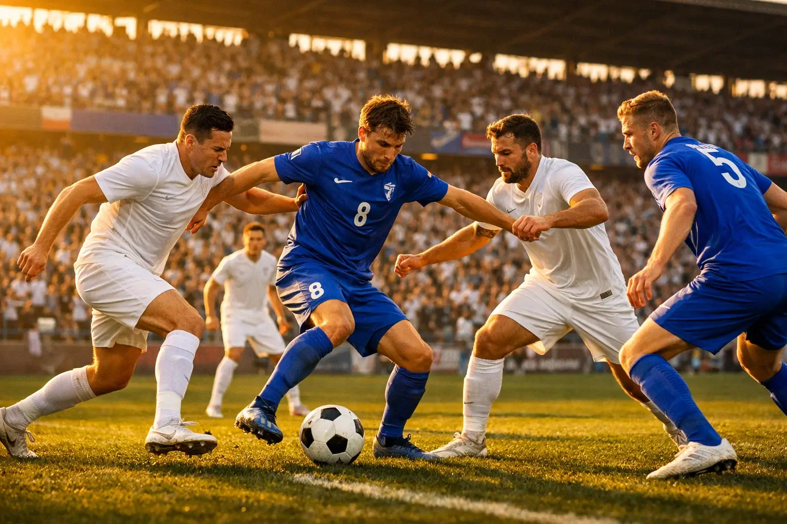 Dos equipos de fútbol enfrentándose en un estadio con aficionados en las gradas