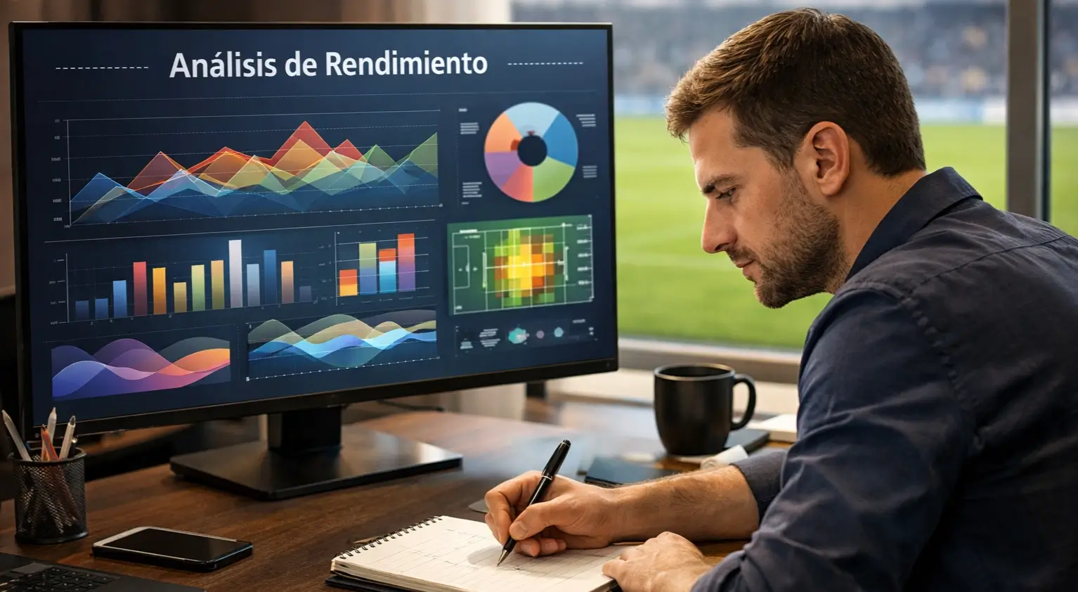 Analista estudiando estadísticas de fútbol en pantalla con campo de fútbol de fondo