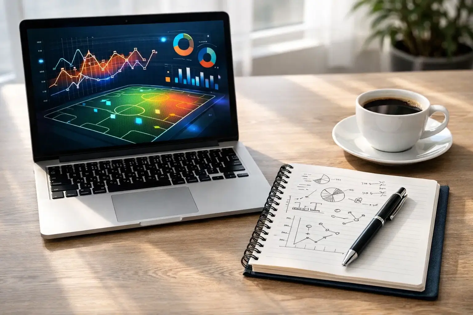 Escritorio con laptop mostrando plataforma de datos deportivos y cuaderno de notas