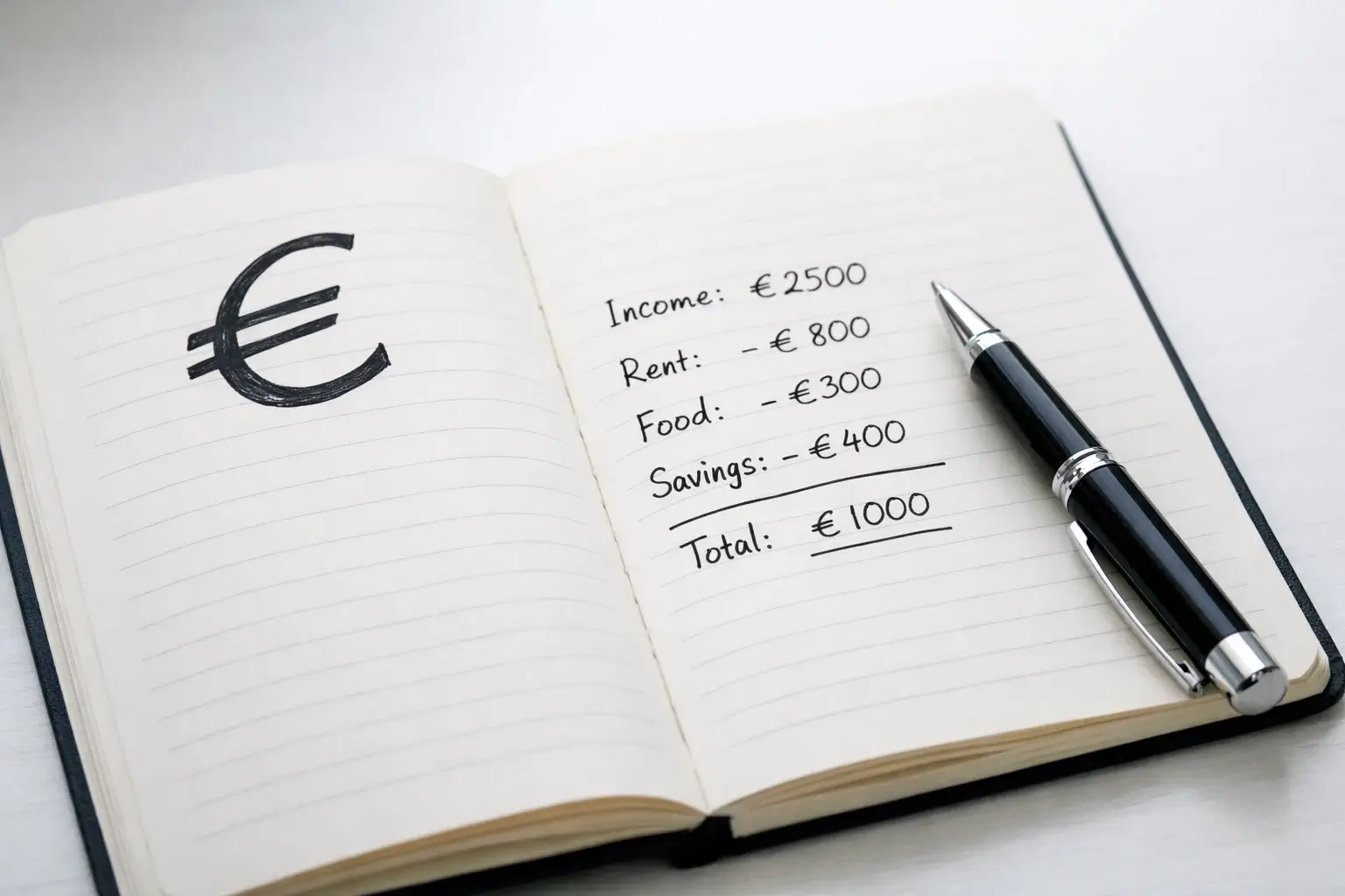 Cuaderno con cálculos de presupuesto y símbolo de euro junto a bolígrafo