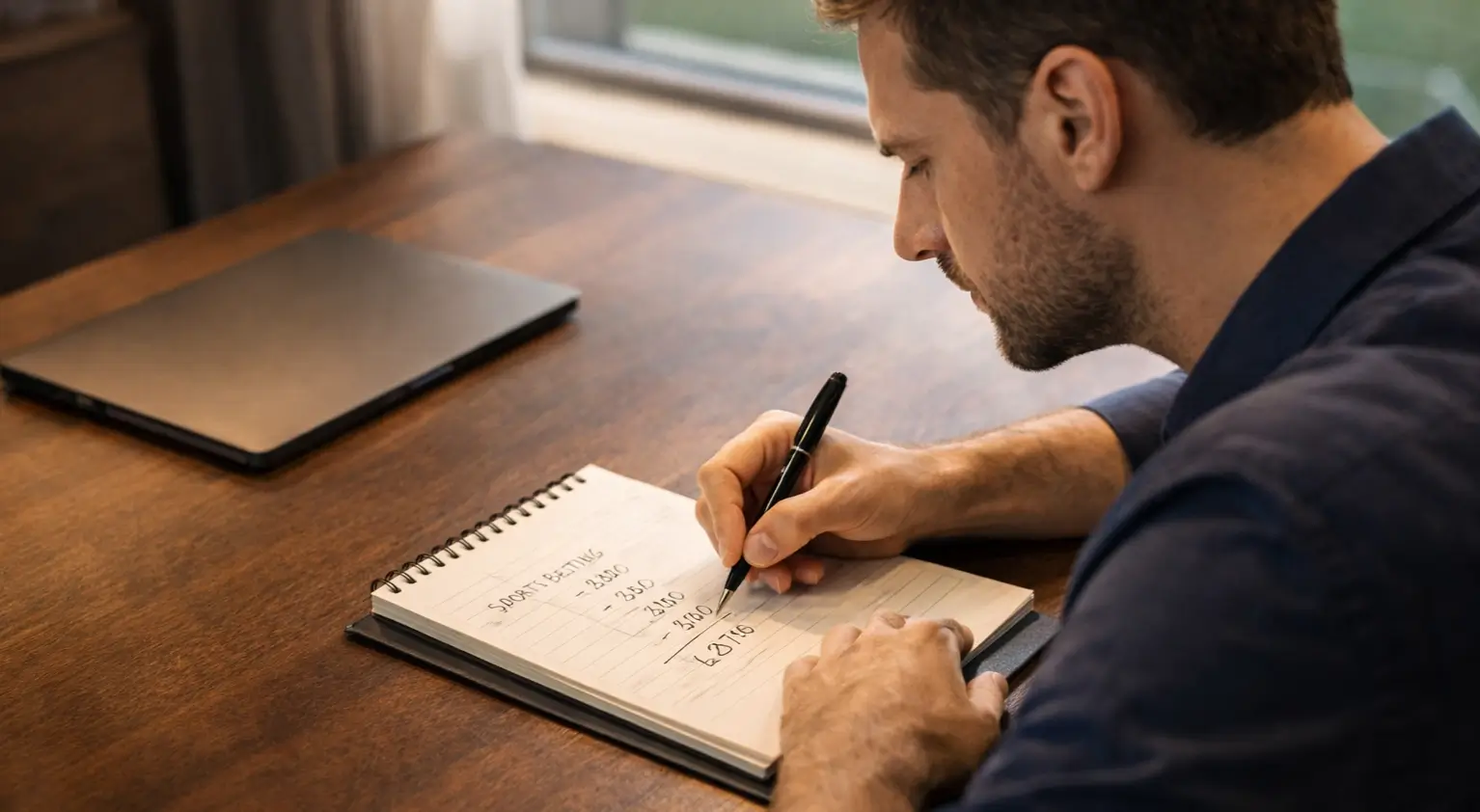 Persona organizando su presupuesto para apuestas deportivas con anotaciones en un cuaderno
