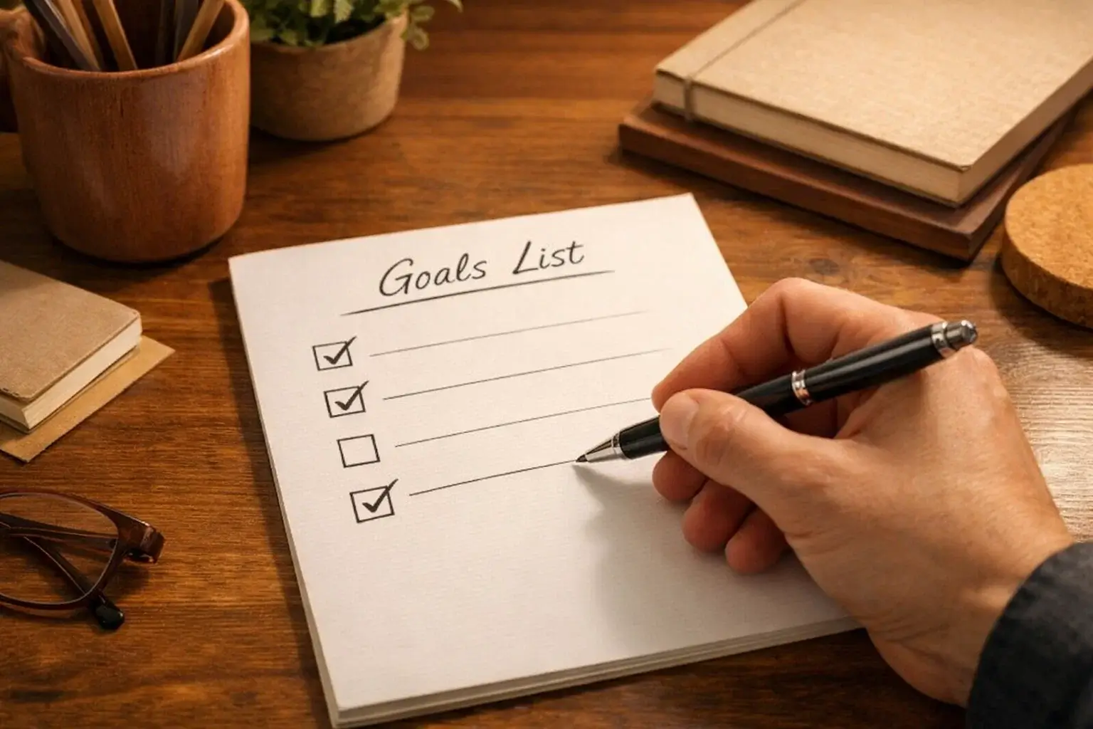 Persona estableciendo objetivos financieros con lista de metas en papel