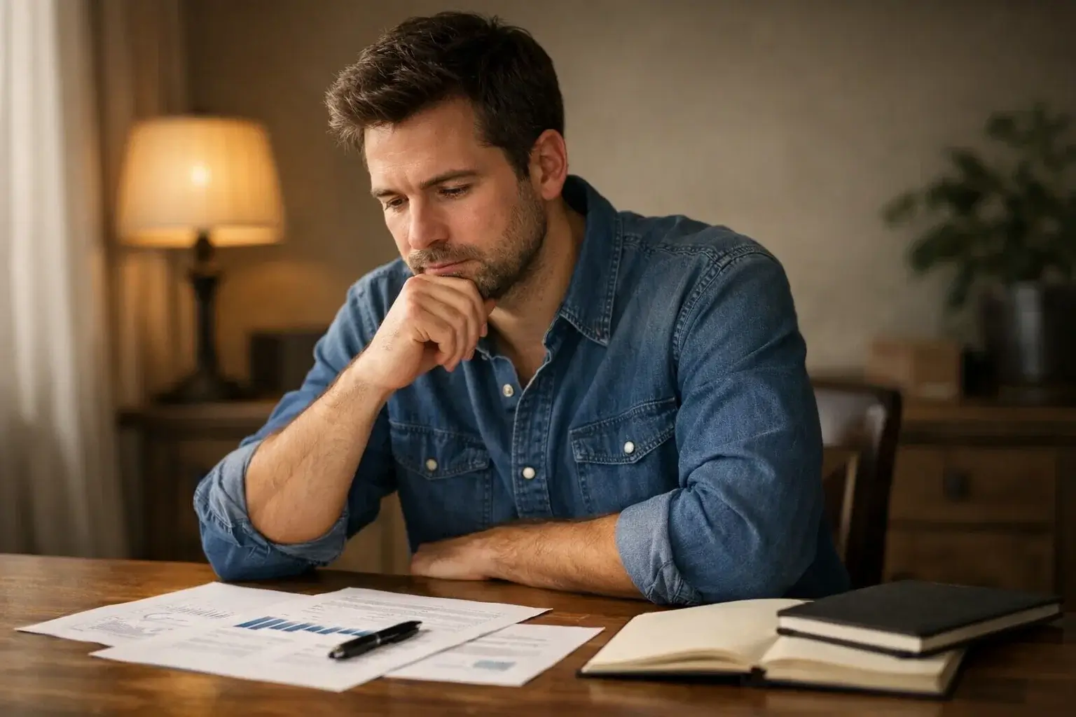 Apostador reflexionando sobre sus decisiones con expresión pensativa frente a documentos