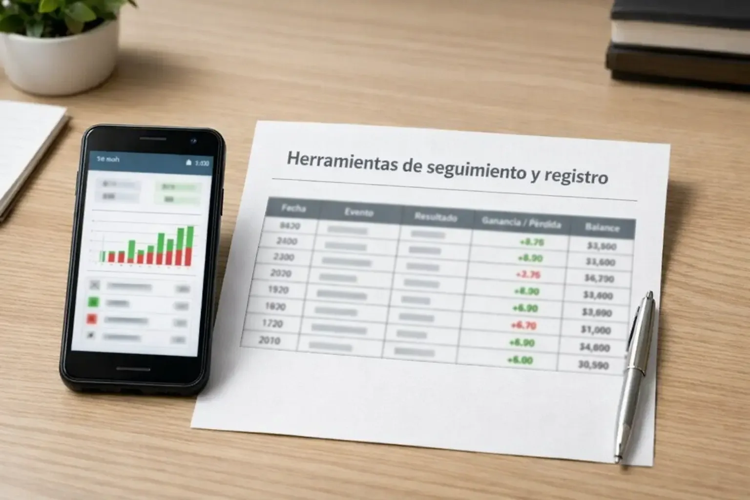 Aplicación de seguimiento de apuestas en smartphone junto a hoja de cálculo impresa