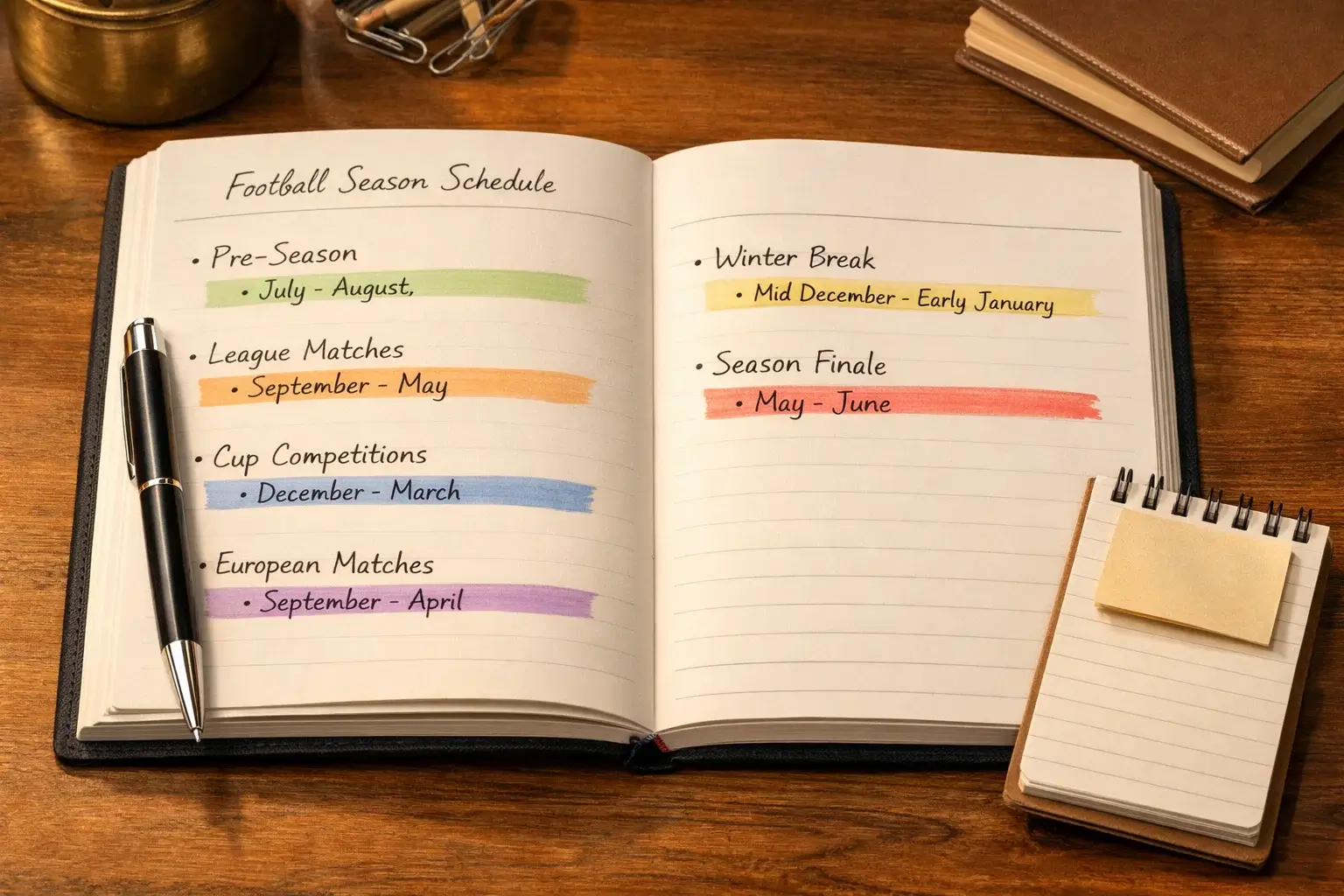 Planificador con fechas marcadas de temporada de fútbol y bloc de notas