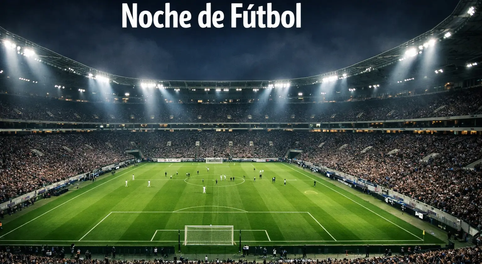 Vista panorámica de un estadio de fútbol europeo iluminado durante un partido nocturno