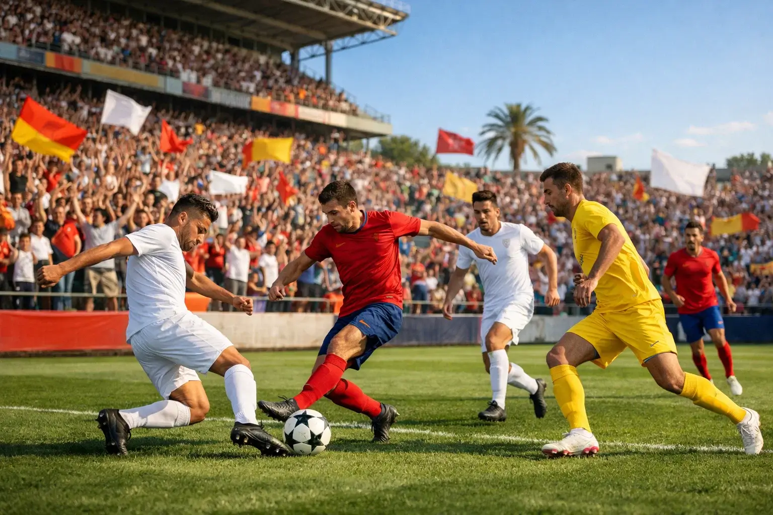 Partido de fútbol en un estadio español con aficionados animando en las gradas