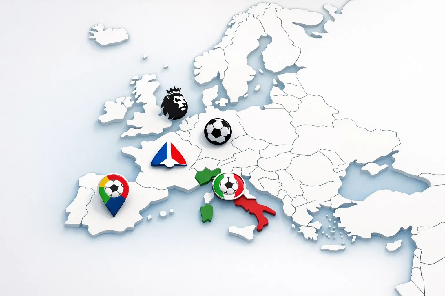Mapa de Europa con iconos representando las cinco grandes ligas de fútbol