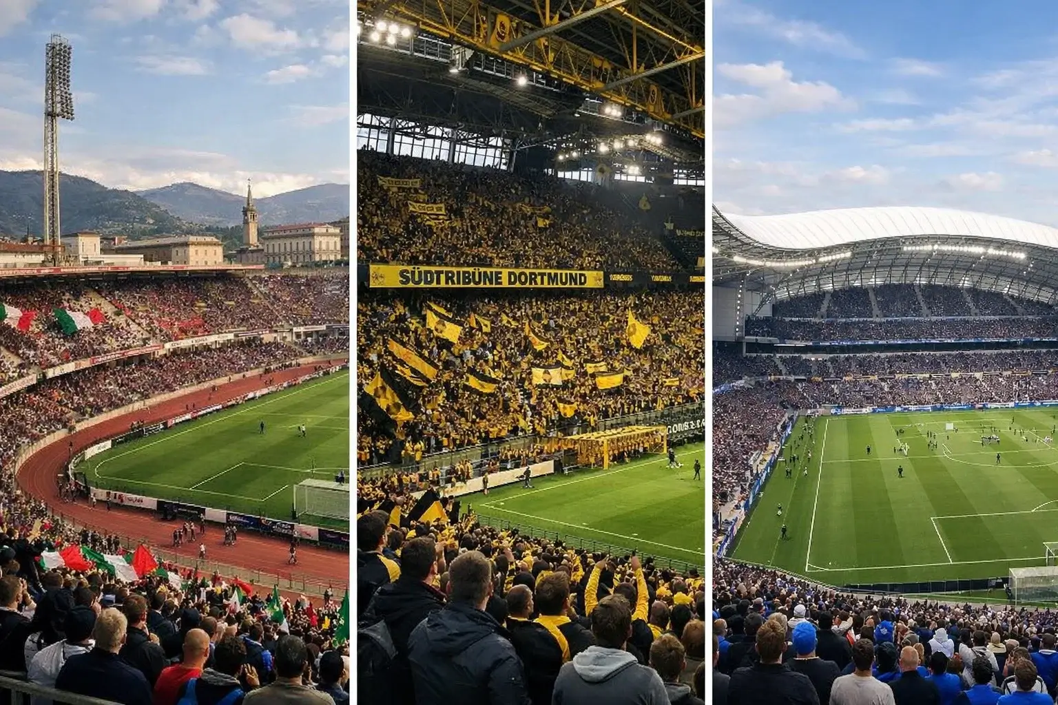 Collage de estadios de fútbol de Italia, Alemania y Francia